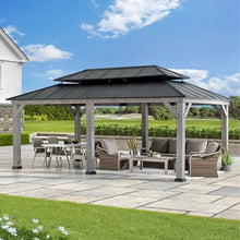 Sunjoy 12x20 ft. Wood Gazebo with Aluminum Hardtop, Cedar Frame, 2-Tier Roof, Matte Black + Gray Wood