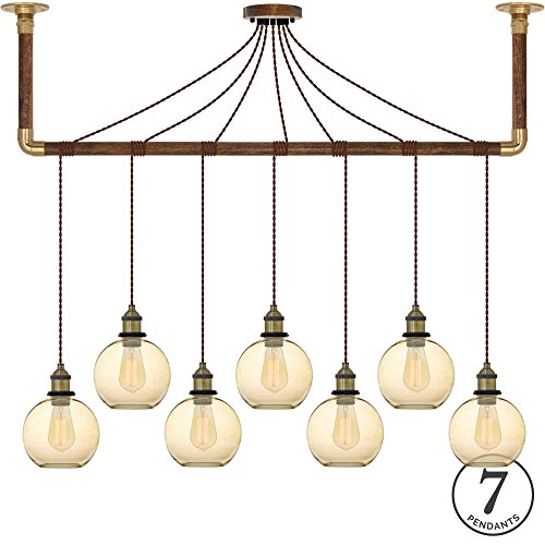 Hangout Lighting Brown and Amber Globe Glass Shade Pendant Light with Wood and Brass Ceiling Bracket