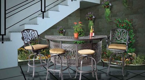 PatioLand Elizabeth 5pc Outdoor Patio Party Bar Set Cast Aluminum Walnut