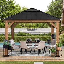 Sunjoy Hardtop Gazebo 11x11 ft Cedar Frame Black Steel Polycarbonate Roof Black + Natural Wood