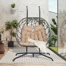 KEIKI Double Swing Egg Chair with Stand, Patio Rattan Wicker Hammock Egg Chair with UV Cushion, 2 Person Outdoor Indoor Hanging Basket Chair, 600LBS Capacity for Balcony, Khaki and Gray