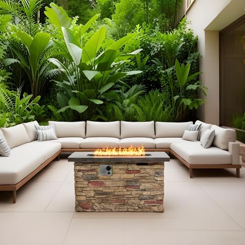 42 Inch Rectangular Propane Fire Pit Table, 50000 BTU Outdoor Gas Fireplace with MgO Stone Look Base, Stainless Steel Burner, Pulse Ignition, Metal Lid, Tank Storage, Rain Cover