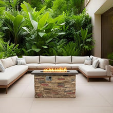 42 Inch Rectangular Propane Fire Pit Table, 50000 BTU Outdoor Gas Fireplace with MgO Stone Look Base, Stainless Steel Burner, Pulse Ignition, Metal Lid, Tank Storage, Rain Cover