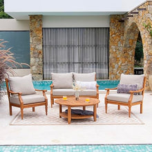 Cambridge Casual Venice Teak Wood Patio Conversation Set of 4 with Beige Cushion, Indonesian Teak Wood, Weather-Resistant Patio Furniture Set with Loveseat, 2 Club Chair, and Coffee Table