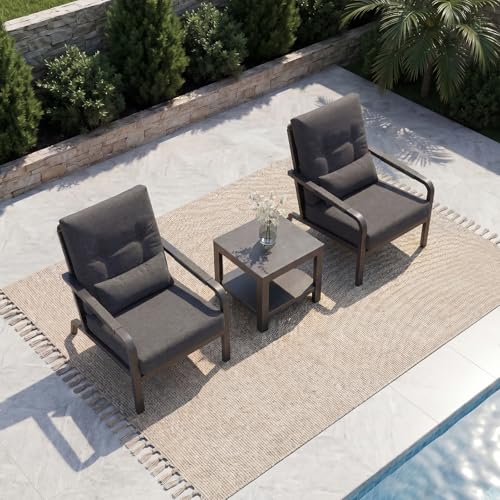 CozyJoy 3 Piece Outdoor Bistro Set, Rattan Patio Furniture with Aluminum Frame & Coffee Table, Waterproof Cushion Fabric, High Elastic Sponge, Grey Terrace Patio Set
