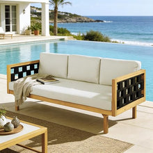 Merax Outdoor 3 Seater Daybed, Acacia Wood Patio Day Bed Couch Sofa with Cushions & Stylish Rope Weave Armrest, 67.5" L Outdoor Seating for Gardern Deck Porch Balcony, Beige