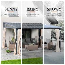 Sunjoy 12x14 ft Wall Mounted Gazebo with Powder Coated Steel Roof, Black Aluminum Frame, Curtains & Netting Black