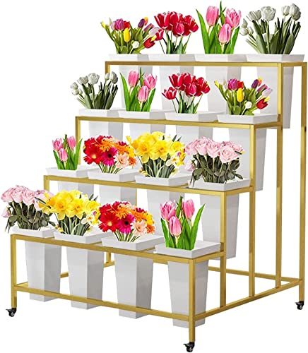 TBLOTYD 4-Tier Indoor Outdoor Flower Display Stand with 16 Buckets, Metal Plant Stand with 4 Wheels, Heavy Duty Mobile Plant Cart