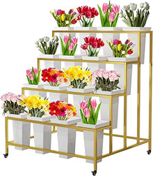 TBLOTYD 4-Tier Indoor Outdoor Flower Display Stand with 16 Buckets, Metal Plant Stand with 4 Wheels, Heavy Duty Mobile Plant Cart