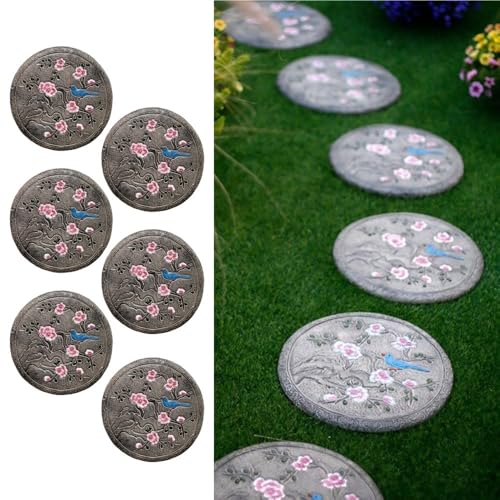Outdoor Stepping Stones Garden 6 Pack Round Shape Paver Step Stones 13.8 Inch Flower Decorative Artificial Stone for Yard, Patio, Garden, Walk Way, Pathway, Sidewalk Landscaping(A)