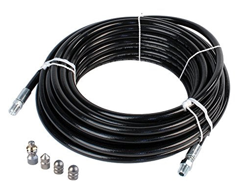 Sewer Jetter Hose & 4 Nozzles 1/4in.x 50ft. 4400 PSI & 4.8 Orifice Stainless Steel DLX Thruster Flusher Degreaser Spinner
