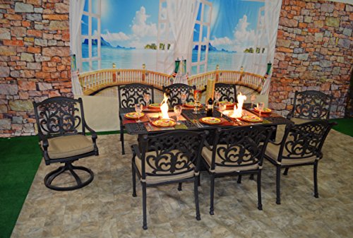 Patio Land Outdoor Cast Aluminum Powder Coated 9-Piece Dining Set with 44x84 Double Burner Table (Mandaly Chairs) - Antique Bronze