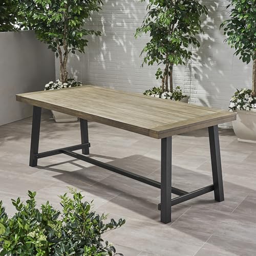 Merax 79" Rectangular Outdoor Dining Table Acacia Wood Tabletop and Black Metal Leg, Modern Industrial Style Patio Dining Table