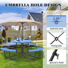 Hassyee Outdoor Blue Round Picnic Table with Build-in Benches and Umbrella Hole for Poolside, Backyard, Patio Furniture Set with Steel Legs and Safe Arc Corners for Garden