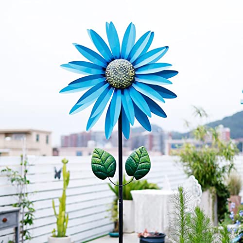 GenSDH Outdoor Patio Decor, Flower Garden Wind Spinner Large Metal Decor Wind Sculpture for Yard Garden Ornament Windmill Spike,Yellow 2M,Blue 2m