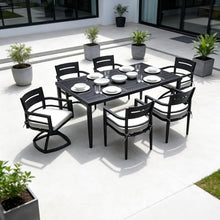 WAQINBR 7-Piece Outdoor Patio Aluminum Furniture Set, 70” Rectangle Dining Table with Umbrella Hole and 2 Swivel Rockers Chairs & 4 Dining Chairs, Modern Dining Set for Backyard, Garden
