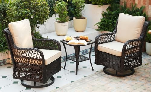 GAOMON 3 Piece Outdoor Patio Set, Wicker Rocking Bistro Set with 2 Swivel Chairs & Tempered Glass Top Table, Rattan Outdoor Furniture with Cushions for Patio Porch Backyard,Brown Wicker/Beige Cushion