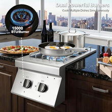 FammyLoft Liquid Propane Double Side Burners, 2x15,000BTU Built-in Double Grill Burners, Convertible to Natural Gas, 304 Stainless Steel Double Burners with Lid for BBQ Grill Island, Outdoor Kitchen