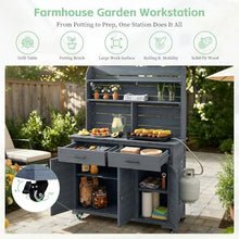 Cvqza TOPMAX Potting Bench, Garden Prep Cart with Lockable Wheels, Large Storage Cabinet, Outdoor Kitchen Island, Drawers & Removable Shelves, Perfect for Grilling and Gardening Activities, Gray