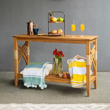 Cambridge Casual Sierra Teak Wood Outdoor Console Table with Accent Wicker, Natural Teak, Narrow Garden Table with Bottom Shelf for Patio, Deck, Entry Way or Poolside – Weather-Resistant