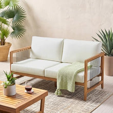 Christopher Knight Home Acacia Wood Outdoor Loveseat with Handwoven Rope Patio 2 Seater Sofa Teak Finish with Removable Beige Cushions Backyard Deck Poolside Couch