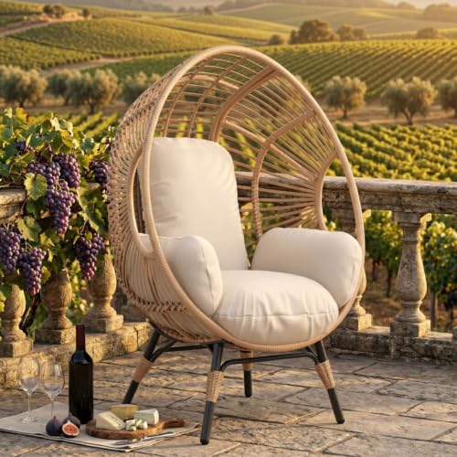 Premium PE Rattan Patio Hammock Chair w/Thick Cushions for Garden, Durable Outdoor Egg Chair w/Steel Frame for Balcony, All Weather Basket Chair w/Curved Backrest for Porch, Deck (Natural)