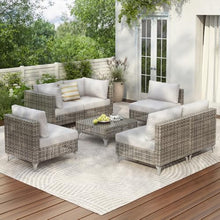 43 Inch Propane Fire Pit Table with Open Weave Wicker Design for Patio Garden Backyard - Orange and Yellow Outdoor Fire Table (7 Piece Sectional Sofa Set - Grey)