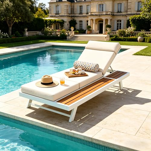 Merax White Iron Teak Finish Chaise Lounge Set with 4" Thick 4-Fold Cushion with Headrest, 400 lbs Capacity, Adjustable Backrest with Flat Storage Surface for Patio, Poolside, Backyard, Cream