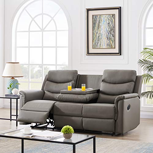 Eafurn Grey Faux Leather Double Recliner Loveseat Sofa with Console 78.74