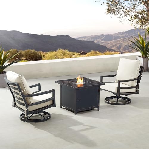 Oakland Living Black Aluminum Patio Fire Table Bistro Set with Two Club Chairs with Light Grey Cushions