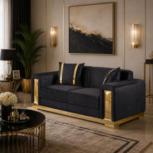 Benzara Loveseat with 2 Pillows, Barrel Back, Gold Base, 68 Inch Black