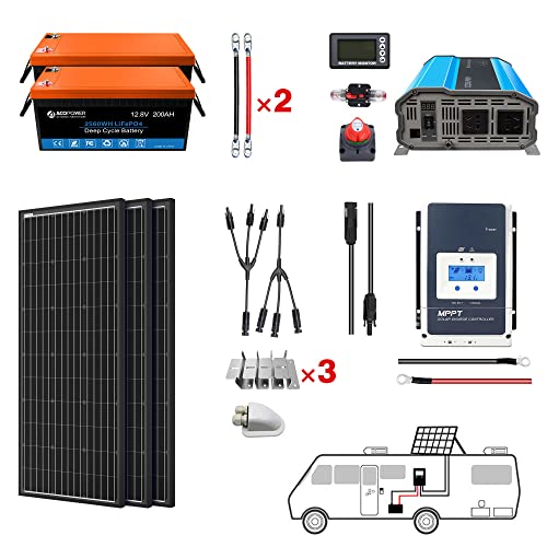 ACOPOWER 400Ah Battery 600W Solar Power System: 2PCS 200Ah Lithium Batteries+3000W Inverter+3PCS 200W Mono Solar Panels+50A MPPT Controller, for RV Boat 12V Off Grid Complete Solar Kit