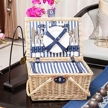 ZYBB Picnic Basket Wicker with Cutlery Insulation Bag Foldable Handles for 4 People 42x32x22cm(Color:White+Blue)