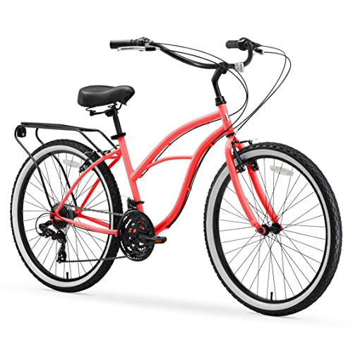 sixthreezero Women's Beach Cruiser Bike 21-Speed Step-Through Touring Hybrid Bicycle Coral w/ Black Seat/Grips