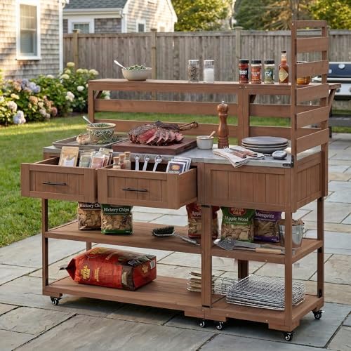 Roomfitters Garden Potting Bench with Wheels, Extra Wide Outdoor Potting Table and BBQ Prep Station, Storage Shelves, Brown
