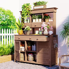Merax Outdoor Potting Bench Table Potters Benches Garden Workstation,Patio Storage Workstation with 3 Shelves,6 Drawers,2 Bottom Cabinets&Side Hooks, Brown
