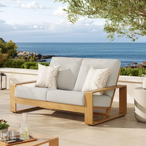 Modway Lirienne Aluminum Faux Wood Outdoor Loveseat in Ivory Natural - Weather-Resistant Modern 2-Seater Patio Couch with Removable Woven Fabric Cushions