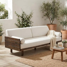 Christopher Knight Home Outdoor Acacia Wood Patio Sofa, 3 Seat Outdoor Couch with Cushions and Removable Bolster Pillows, Modern Wooden Frame Patio Furniture for Backyard Garden Poolside, Aged Teak