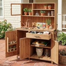GDFStudio Elford Outdoor Storage Bench Table with Cabinet, Patio Wooden Potting Bench, Garden Storage Work Bench with Drawer, Cabinets, Adjustable Shelves, Hook and Countertop, Kitchen Island, Natural