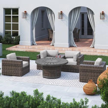 Hassyee 6 Pieces Wicker Sofa Set with Round Fire Pit and Washable Cushions for Lawn, Poolside, Outdoor Furniture Set with Side Table & Cup Holder for Backyard, Balcony