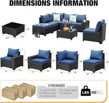 HTERWQEA 7-Piece Wicker Patio Furniture Set, Outdoor Sectional with 2 Sofas, Loveseat & Glass Coffee Table, Navy Blue Cushioned Conversation Set for Garden or Porch