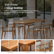 POVL Outdoor Menlo 7-Piece Teak Hardwood Patio Dining Set for 6 — 63" x 35.5” Compact Rectangular Grade A Teak Table, 2 Stacking Armchairs & 4 Stacking Side Chairs - for Small Patios & Decks (Winter)