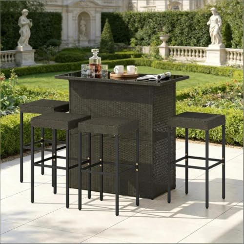 Hassyee 5 Pieces Outdoor Wicker Bar Set with Tempered Glass Tabletop and Strong Construction for Poolside, Garden, Patio Furniture Set with Two Tier Shelves for Balcony (Dark Brown)