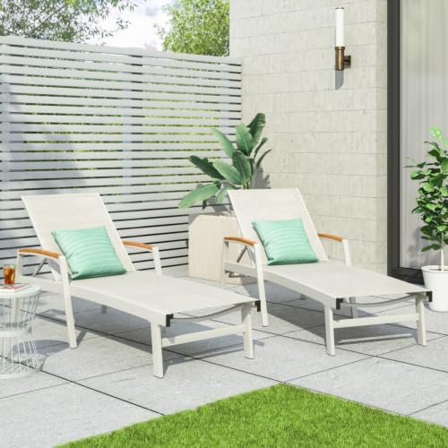 Hassyee All Weather Outdoor Chaise Lounge w/Aluminum Frame for Poolside, Sunbathing Lounger w/Mesh Seating for Balcony, Patio Reclining Sunbed w/Adjustable Backrest for Porch (White-Set of 2)