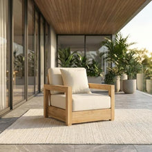 Outdoor Escape Teak Wood Armchair with Cushioned Seat, Stylish Indoor-Outdoor Lounge Chair for Patio, Garden, Contemporary Design