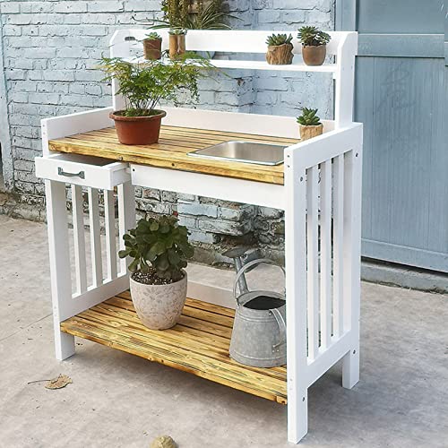 Wood Outdoor Potting Bench with Storage Shelf - Patio Garden Work Station Table - Gardening Workbench for Porch, Greenhouse, Backyard, Patio and Balcony - with Storage, Drawer, Hook (White