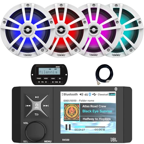 Enrock Marine 4" Color LCD Bluetooth Stereo Receiver with Wired Remote & 20-Foot Extension Cable, 4x 6.5" Waterproof Coaxial RGB LED Boat Speakers White LED