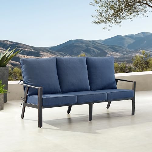 Oakland Living Black Aluminum Patio Deep Seating Outdoor Sofa Couch with Blue Cushions