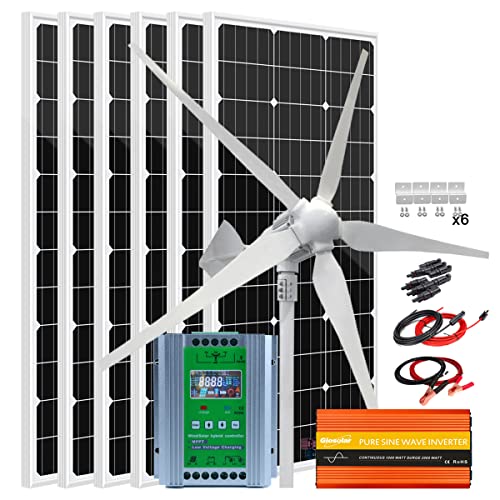 1600W Wind Solar Kit with 2000W Power Inverter Hybrid System for Home Rooftop：1000W 24V Wind Turbine Generator + 6pcs 100W Mono Solar Panel + Hybrid MPPT Charge Controller + Accessory