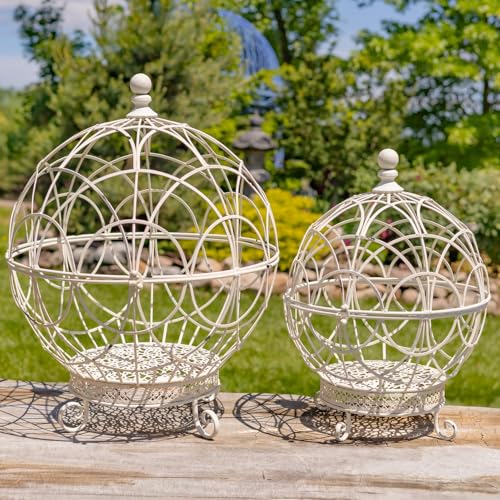 Zaer Ltd. Set of 2 Iron Globe Plant Stand- Color Options (Antique White)